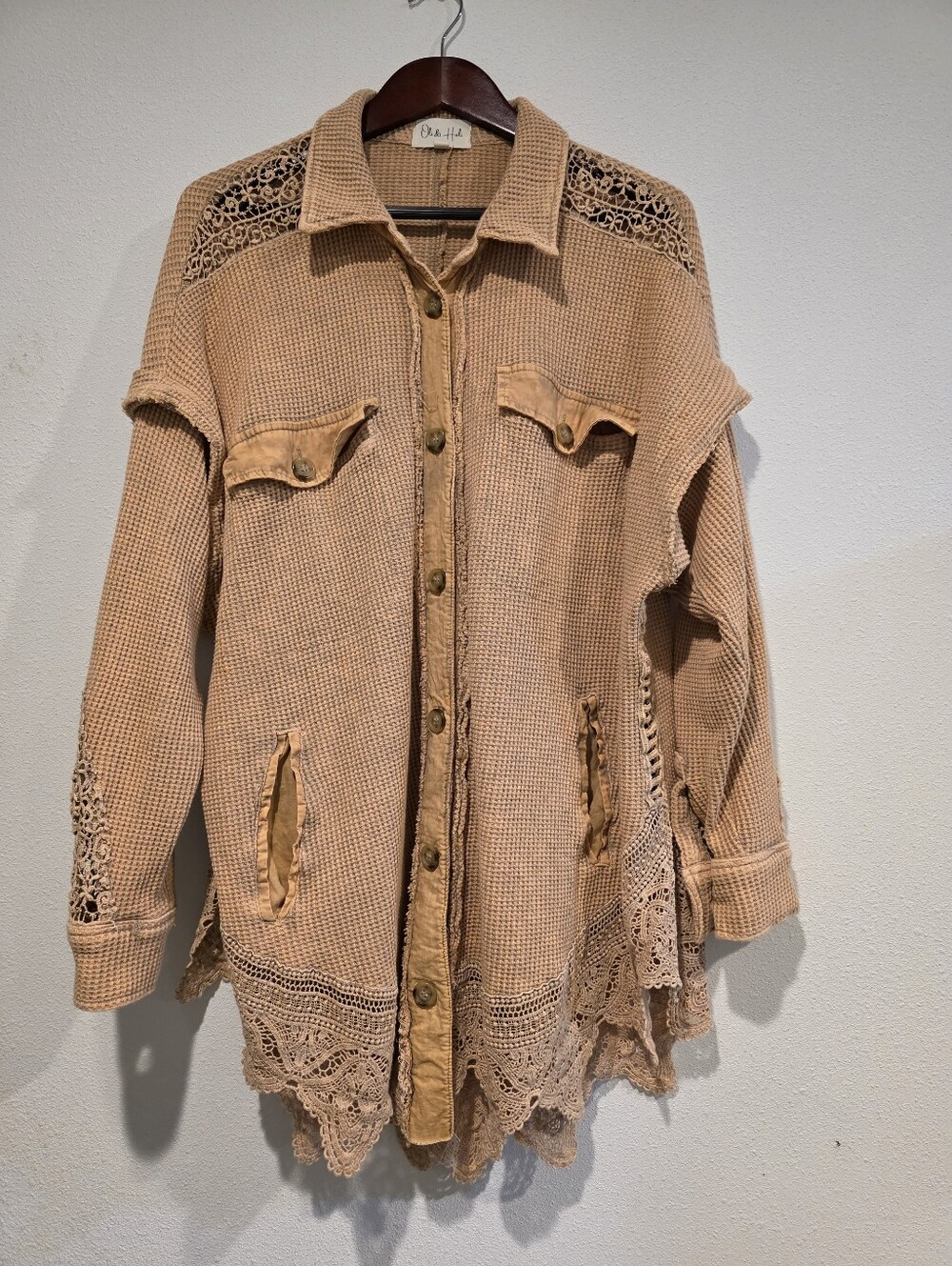 Oli & Hali Cable  Cardigan Sz Large Waffle Knit Camel Crochet Lace Trim Pockets